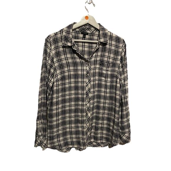 Talbots Blouse Shirt Womens Medium Top Shacket White Black Plaid Back buttons - Picture 1 of 8
